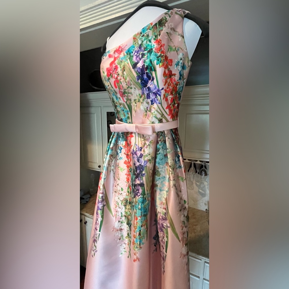 Beautiful Frascara pink and floral one shoulder gown.